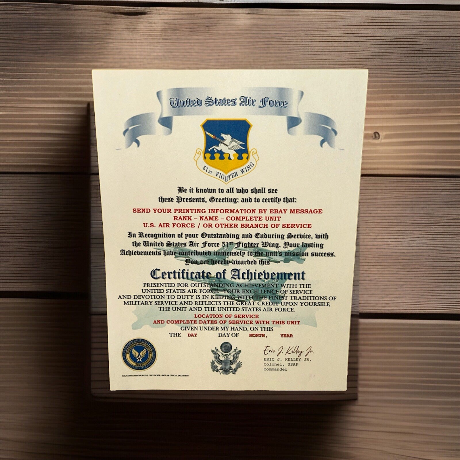 U.S.A.F. / AIR FORCE 51ST FIGHTER WING - CERTIFICATE OF ACHIEVEMENT