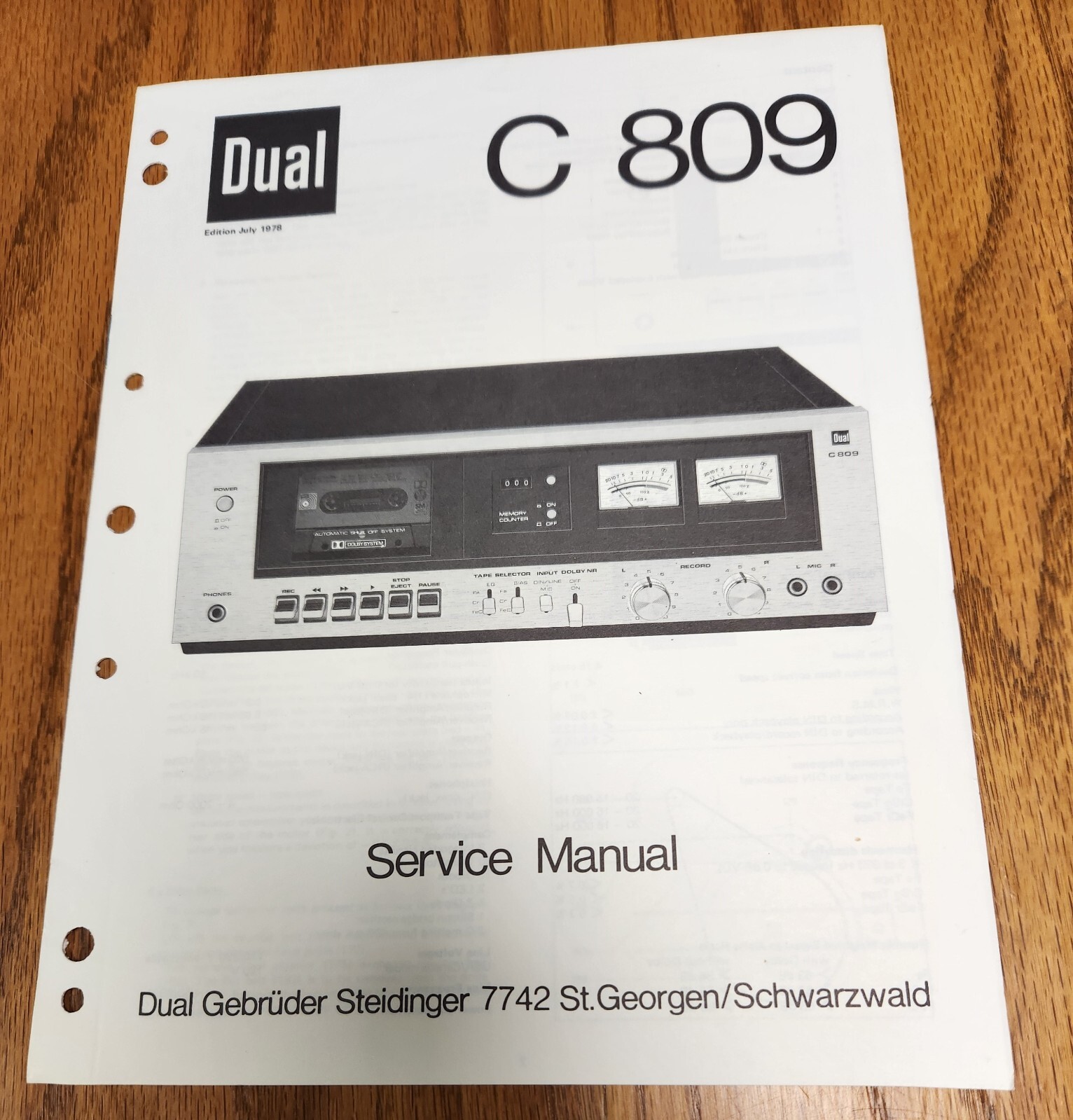 Dual C809 Cassette Service Manual - Original