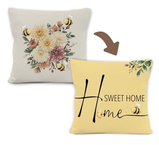 Floral Bee Home Sweet Home Pillow Covers 18x18 Double-Sided, Housewarming