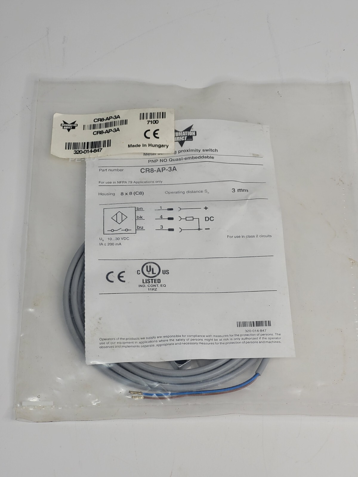 AUTOMATION DIRECT CR8-AP-3A Inductive Proximity Sensor BRAND NEW e17
