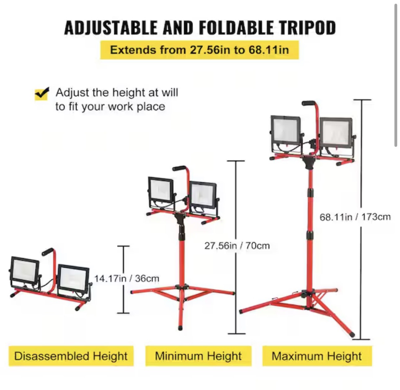 Dual-head Led Work Light 5000 Lumen Led Work Light with Tripod 27.6-68.1"