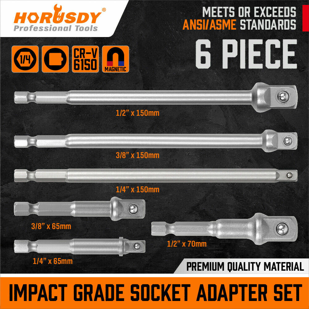 6 pc 6" & 3" Impact Grade Socket Adapter Set 1/4" 3/8" 1/2" Drive 1/4" Hex Shank
