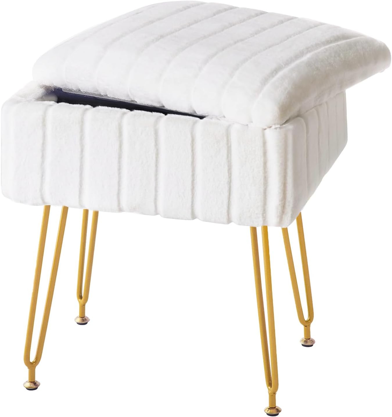 Vanity Stool Chair W/ Storage White Faux Fur Makeup Chair W/ 4 Metal Legs &