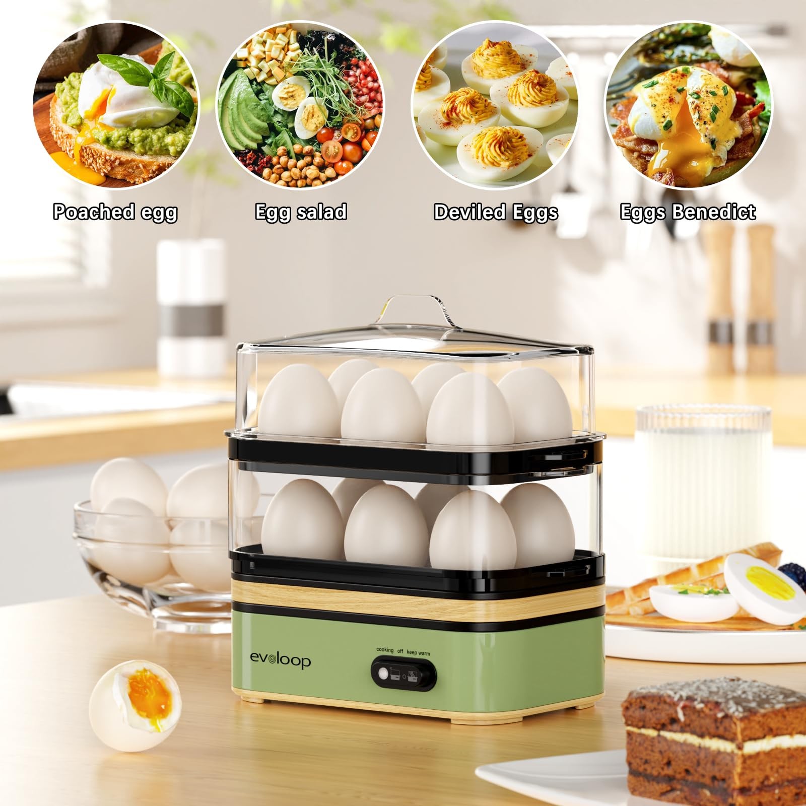 Evoloop Rapid Egg Cooker Electric 12 Eggs Capacity, Soft, 5*7*8, Green