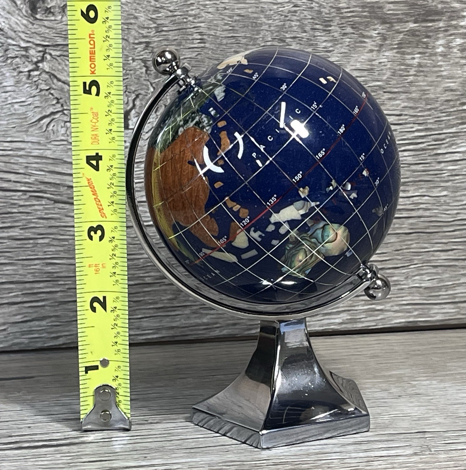 GEMSTONE MINI WORLD GLOBE Semi-Precious Inlay Chrome Stand 5.5" Tabletop Decor