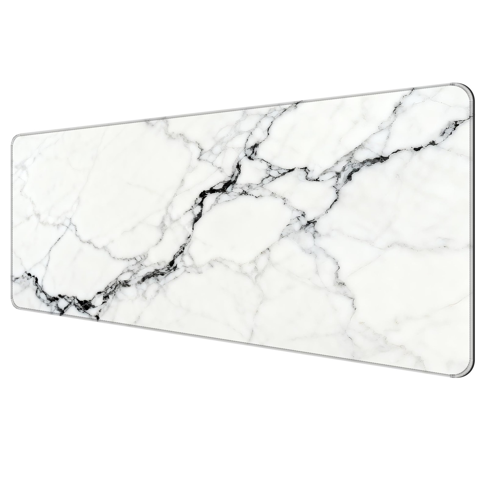 Large Thin Mouse Pad with Stitched Edges, White Black Marble | 31.5"x11.8"x0....