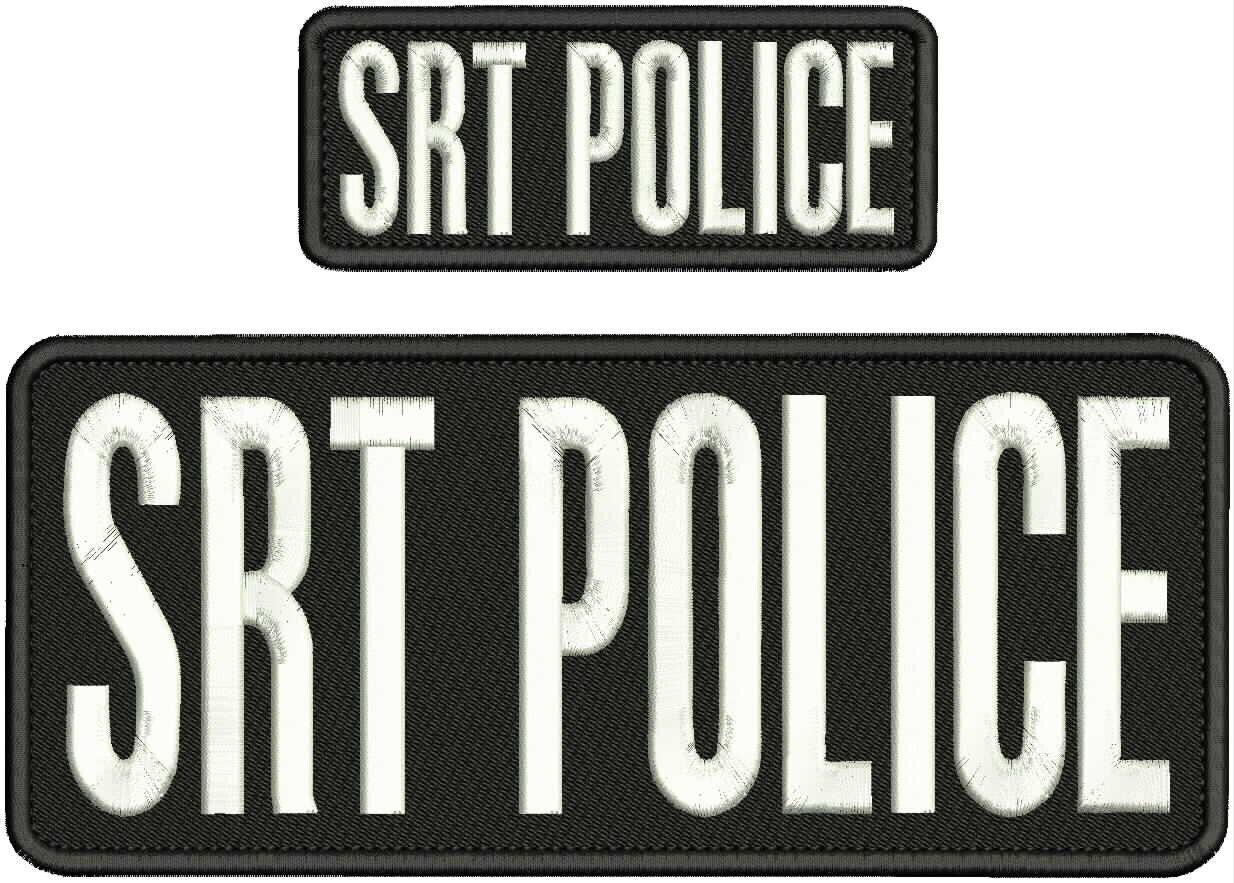 SRT POLICE embroidery patches 4X10 AND 2X5 hook ON BACK white ON BLACK