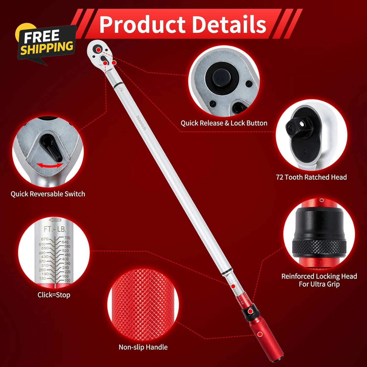 3/4" Drive Click Torque Wrench 100-700 Ft-lb Dual Direction 48 Tooth Adjustable