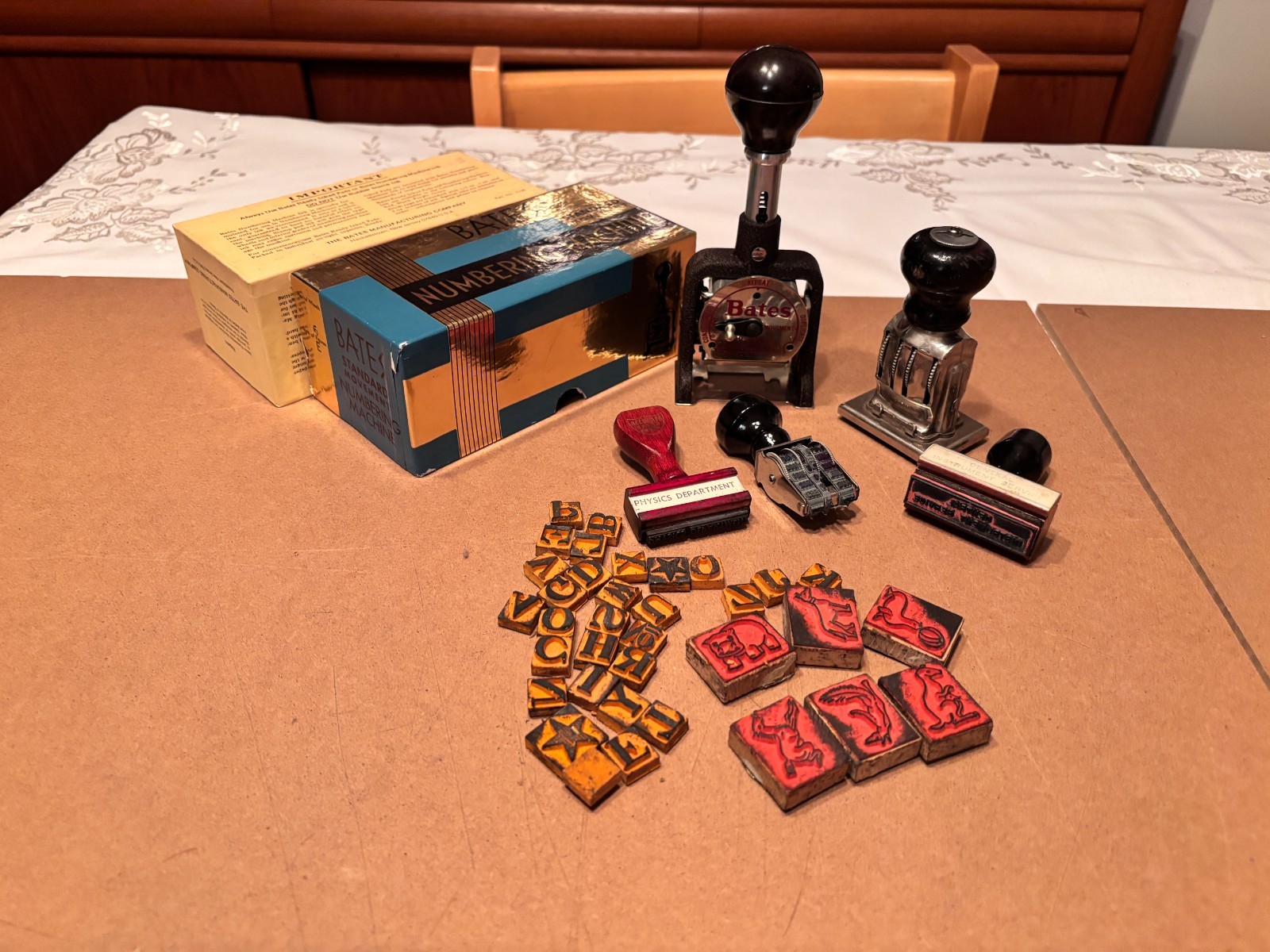 Vintage Bates Numbering Machine with Original Box and other ink stamps