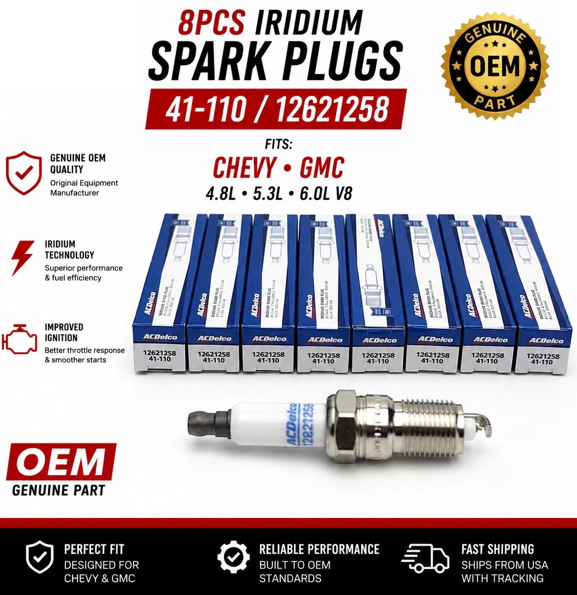 8pcs AC Delco 41-110 Iridium Spark Plugs for Chevy 4.8L 5.3L 5.7L 6.0L 6.2L 7.0L