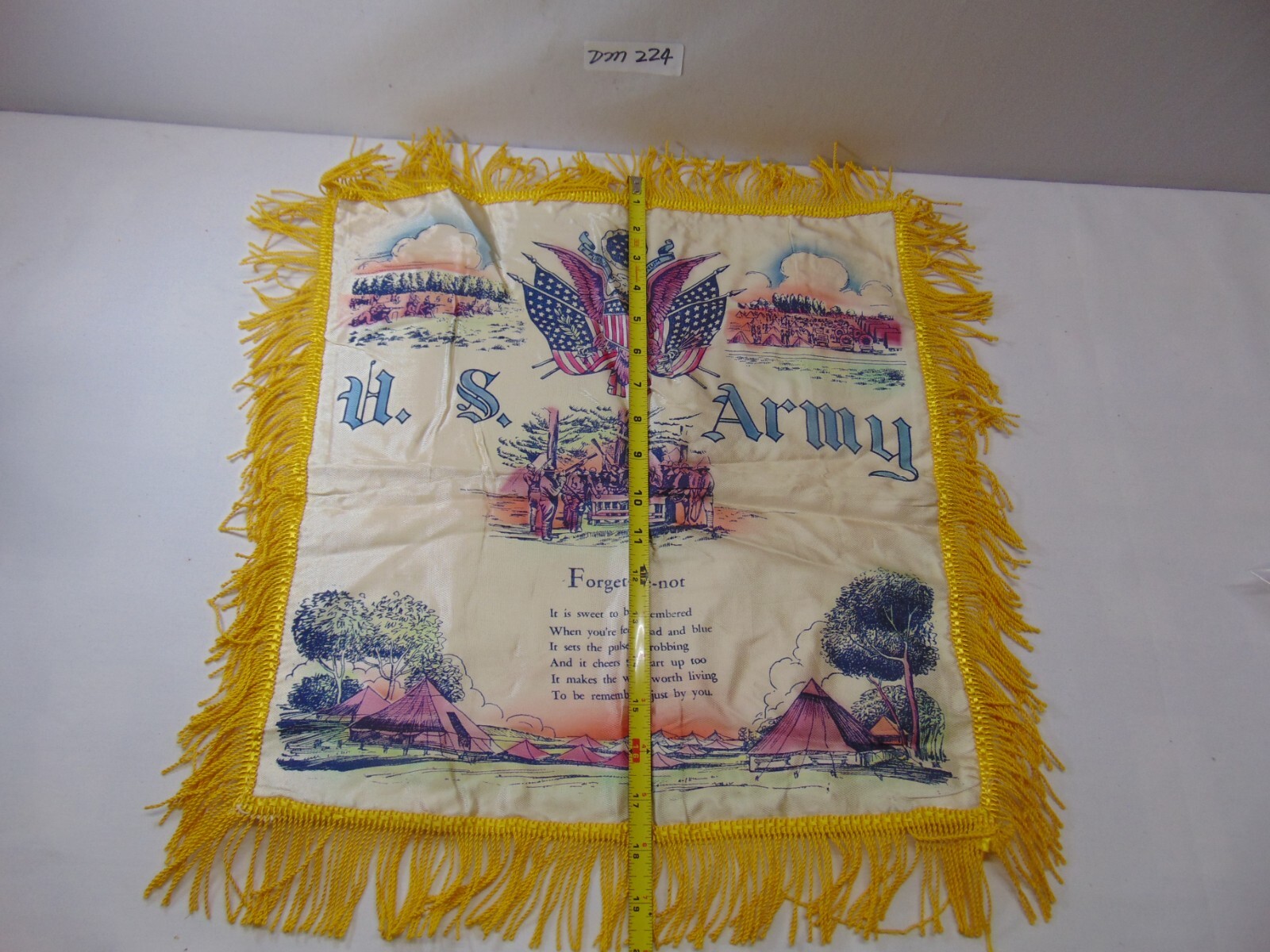 Vintage Yellow  Satin Pillow Case US Army  Forget Me Not Tents