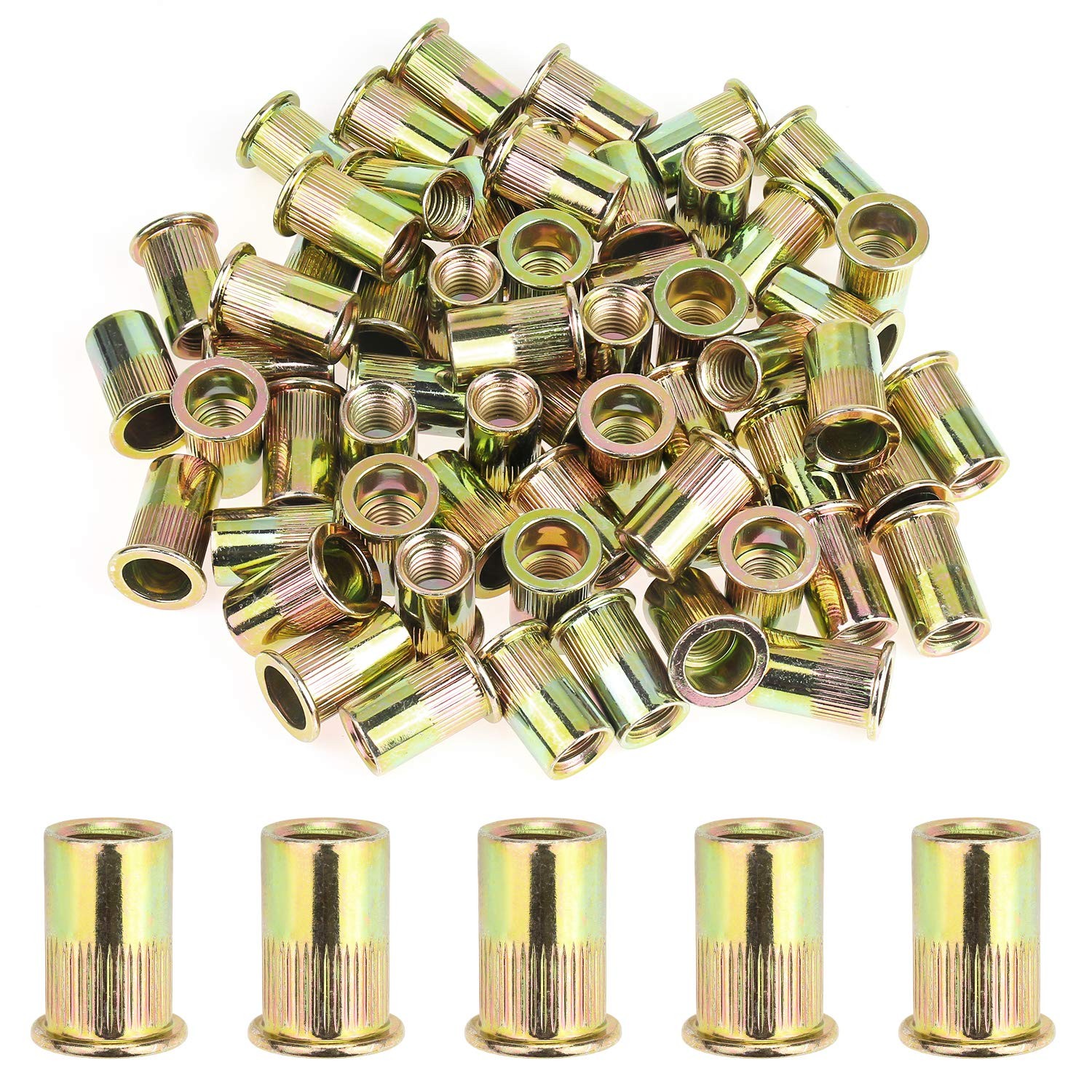 50 Pieces 1/2"-13 Zinc Plated Carbon Steel Rivet Nuts Flat Head Threaded Inse...