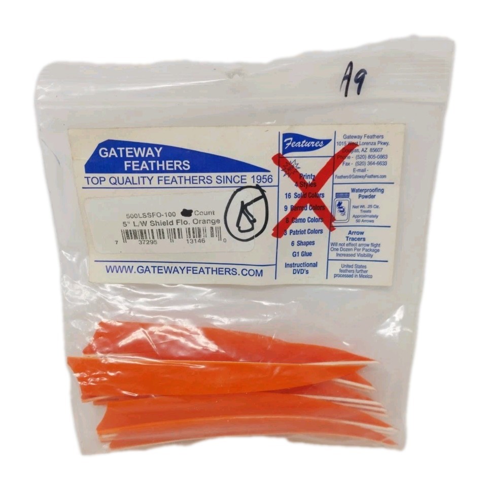 15 Count Gateway Archery Arrow Feathers 5" Left Wing: Shield Fluorescent Orange