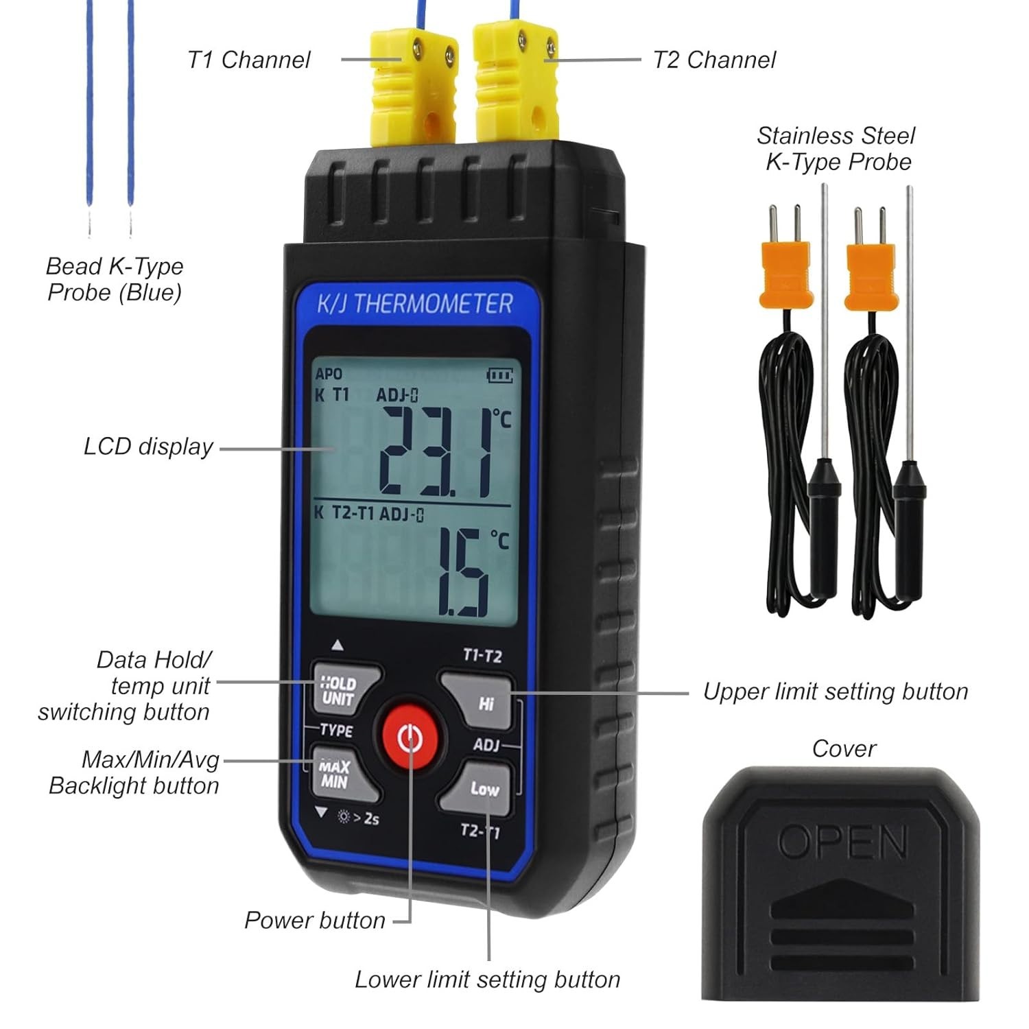 Professional Dual-Channel K/J Thermocouple Thermometer, Range -328°F to 2501°F