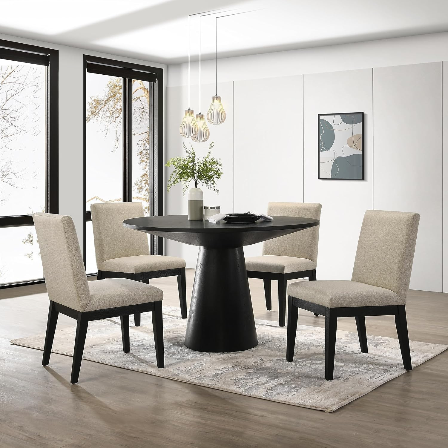 Rocco Contemporary Dining Set, round Pedestal Table with 4 Chairs, Ebony