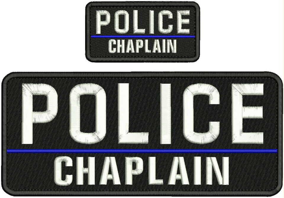 POLICE CHAPLAIN  EMBROIDERY PATCH 4X10 AND 2X4 HOOK ON BACK WHITE ON BLACK