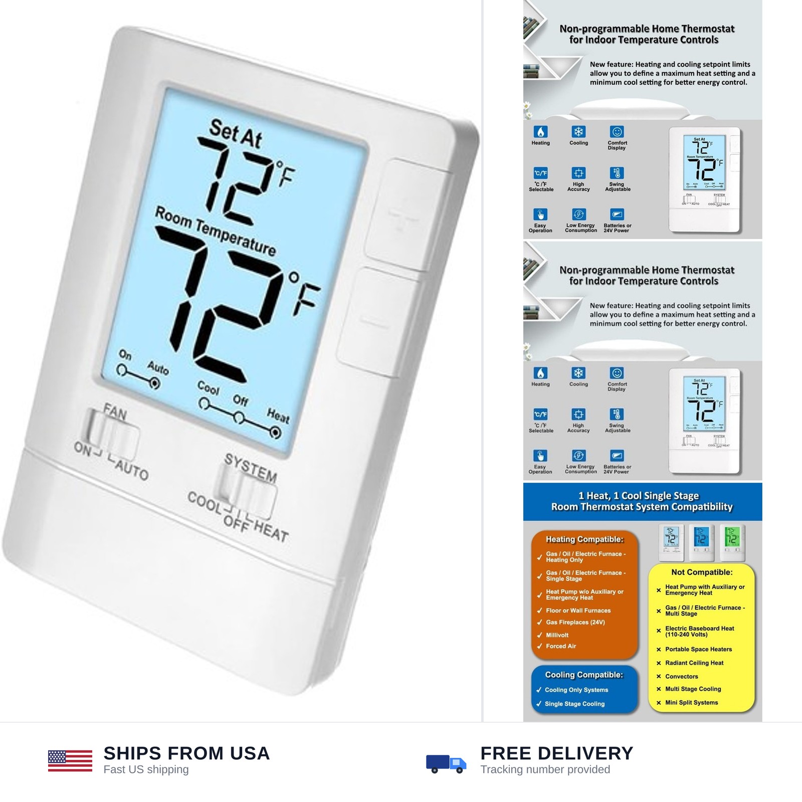 Thermostat for Home Non-Programmable Single-Stage Systems, 1 Heat/1 Cool, Eas...