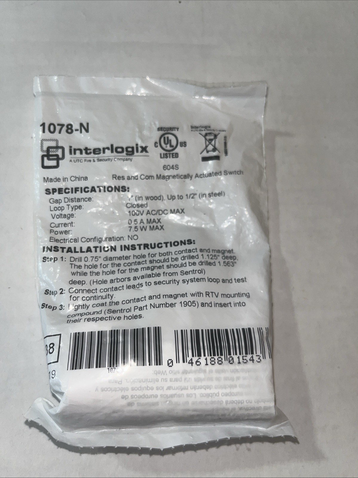 Interlogix 1078-N Residential And Commercial Magnetically Actuated Switch