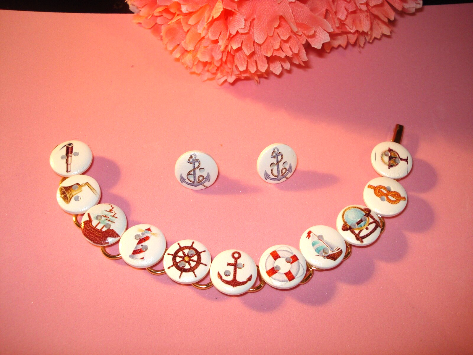 Hand Crafted Nautical Wood Enamel Buttons Bracelet n Post Earrings