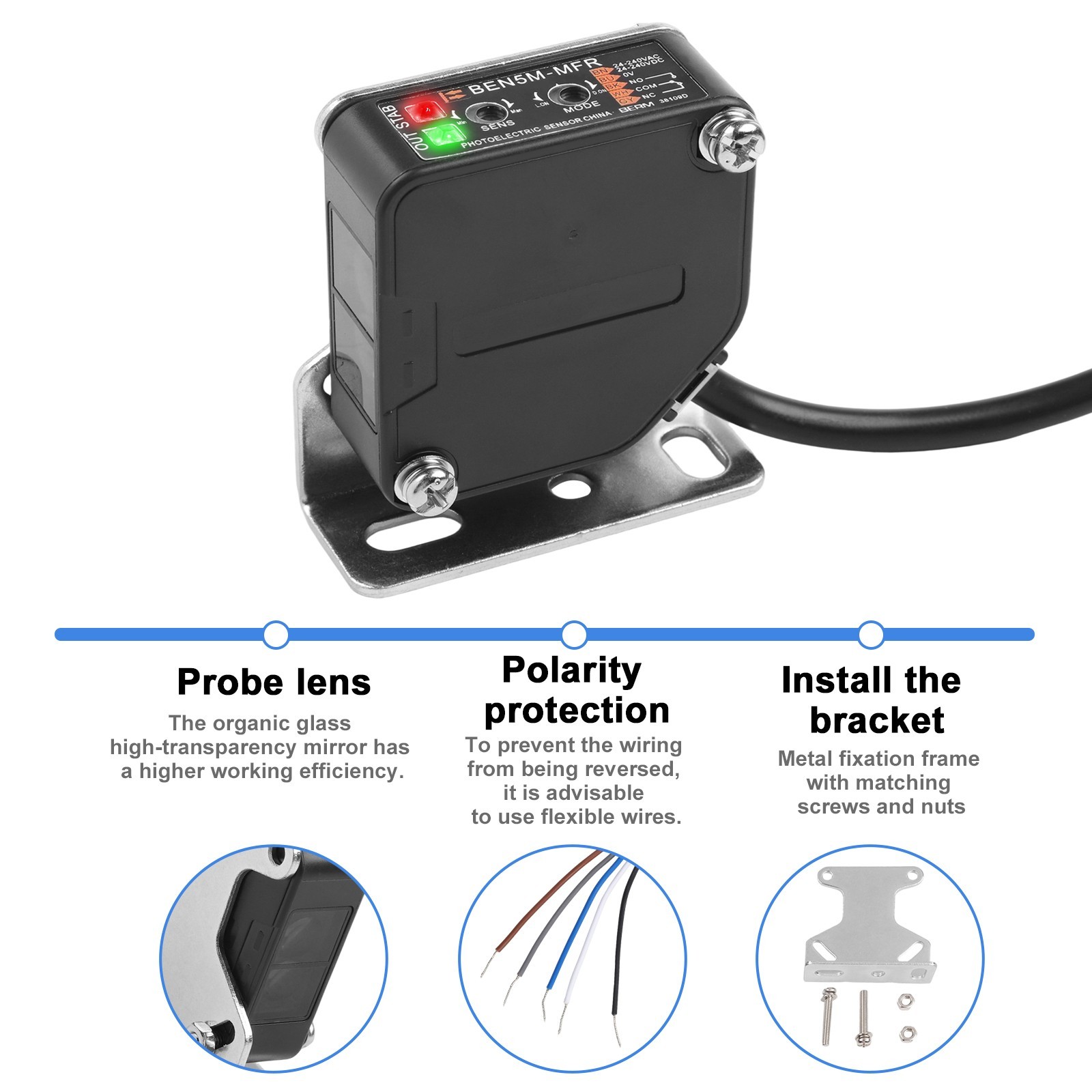 Photoelectric Beam Sensor Switch with Reflective Panel and Mounting Bracket