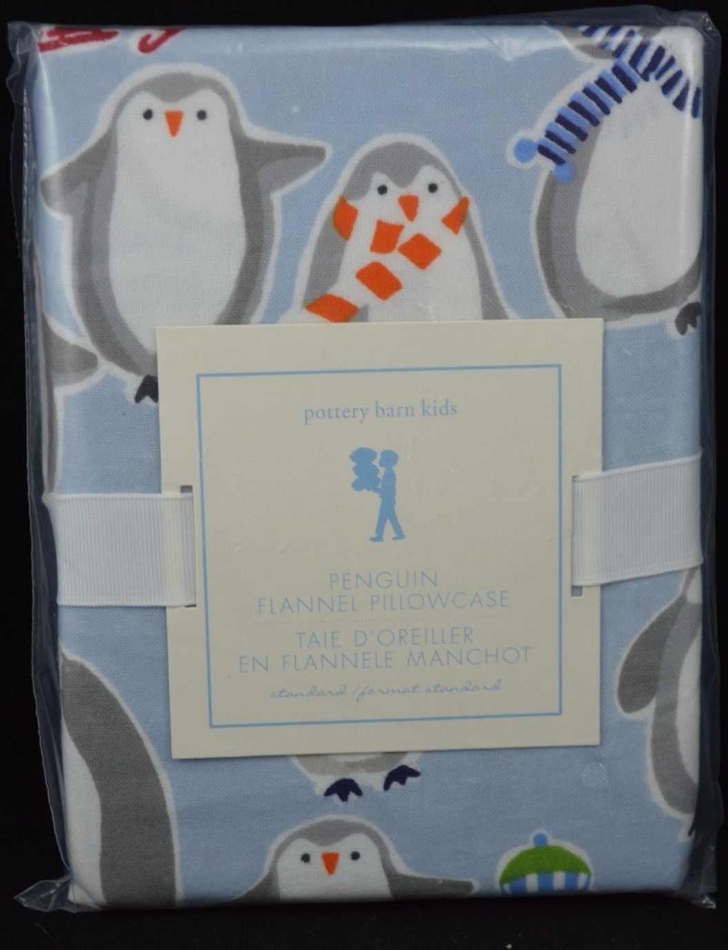 POTTERY BARN KIDS PENGUIN FLANNEL PILLOWCASE STANDARD LIGHT BLUE #297