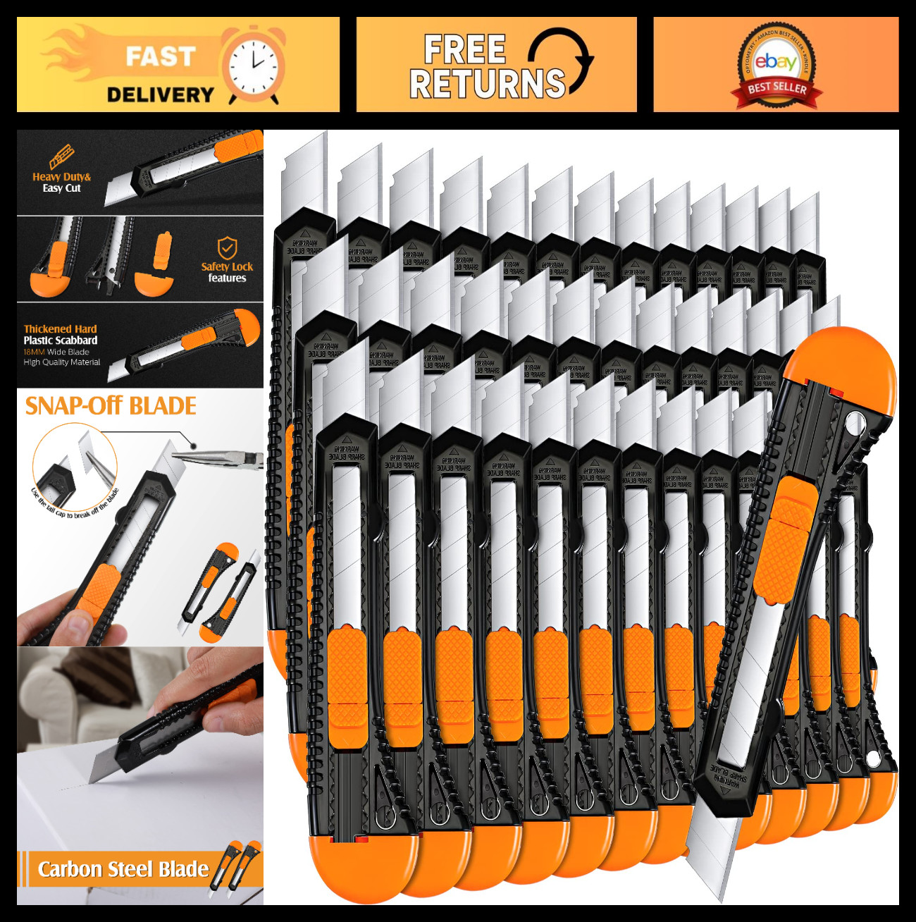 100 Pack Retractable Utility Knives - 18mm Box Cutter for Office, Crafts & Home