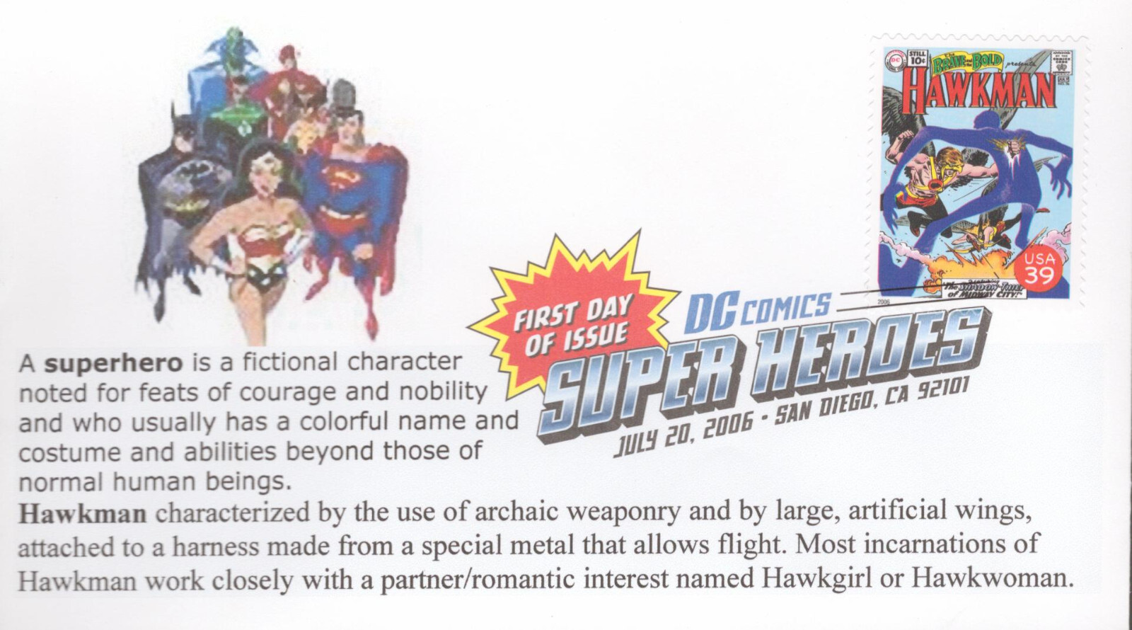 2006 First Day of Issue - DC Comic Heros - Hawkman - ??? Cachet