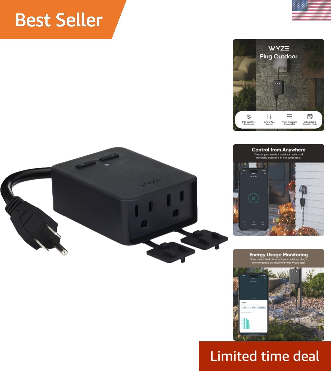Dual Outlet Energetic Smart Plug for Outdoor Use - Works with Alexa & Google
