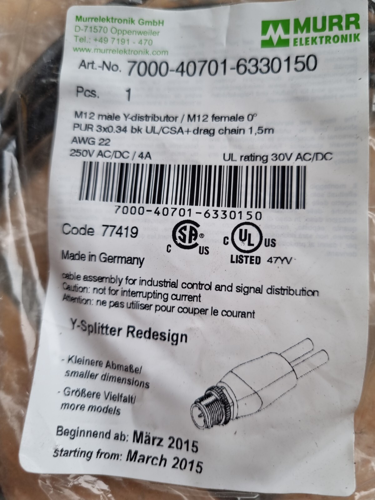 Murrelektronik Y-Distributor 7000-40701-6330150 Sensor/Actuator Distributor