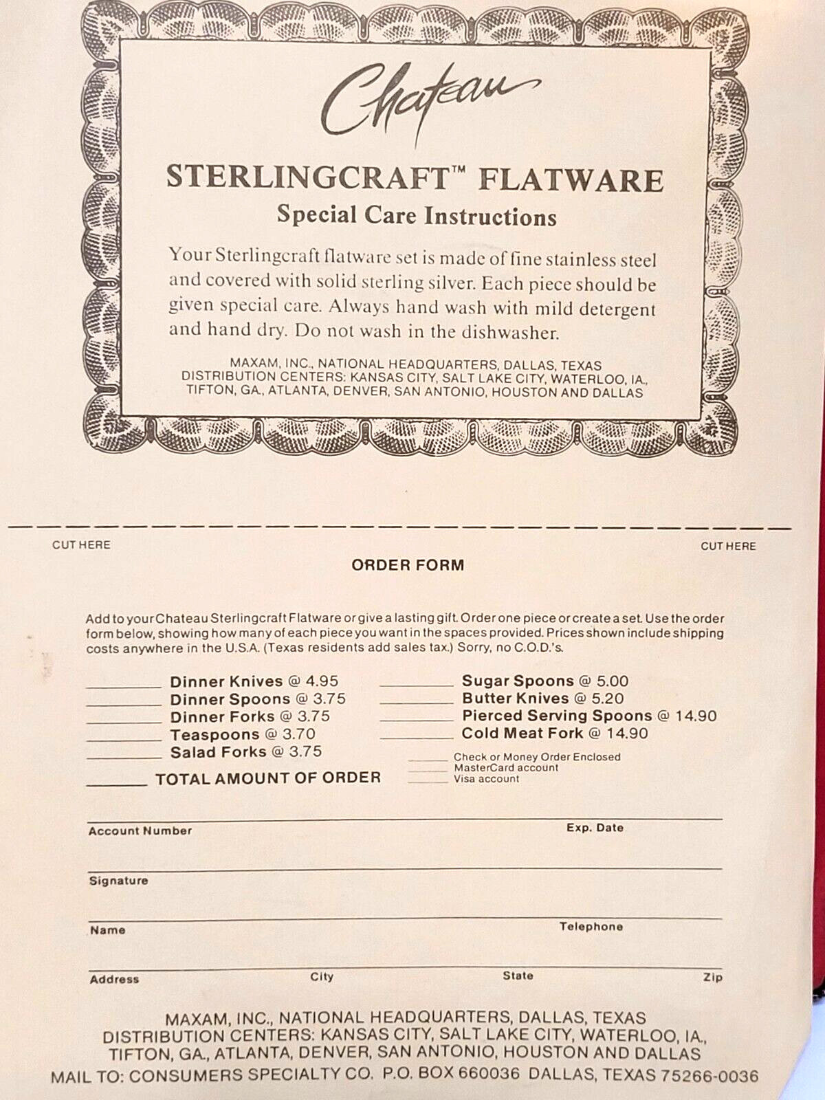Vintage Chateau Sterlingcraft Flatware 4 pc. Serving Set in Box, JAPAN NOS
