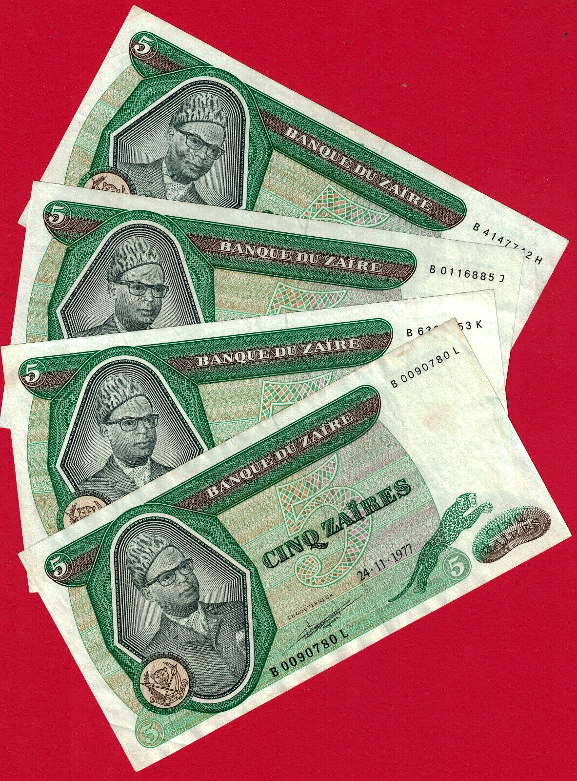 SCARCE 5 ZAIRES 1977 CIRCULATED NOTE (F-VF) Pick-21b, Prefix B, Various Suffixes
