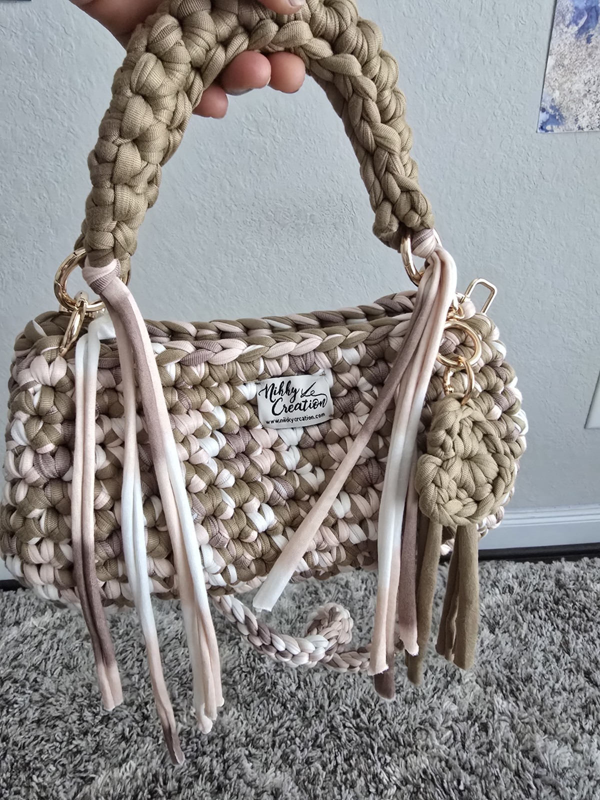 Handmade crochet T-shirt yarn, Deep Khaki and  White Coffee . Latte Luxe bag
