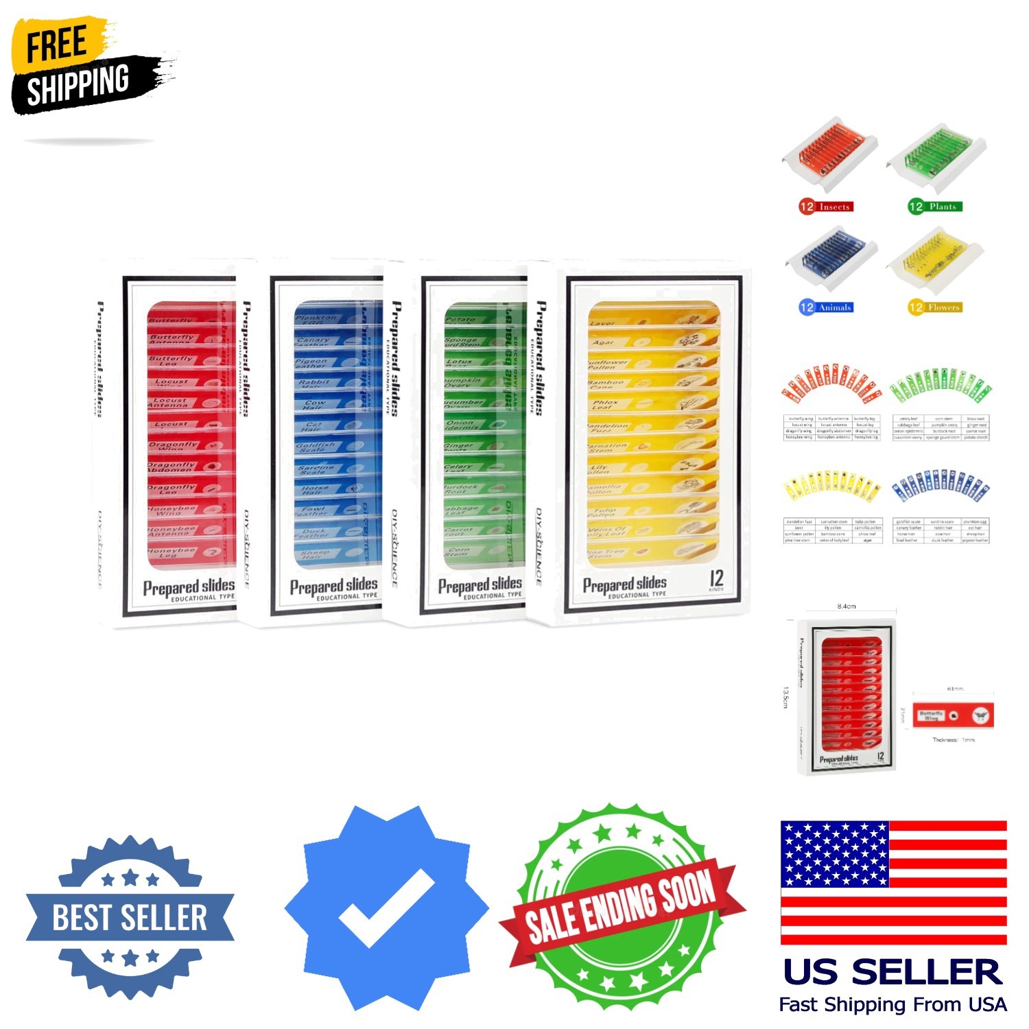 48 Prepared Microscope Slides Set of Animals Insects Plants Flowers, Biologic...