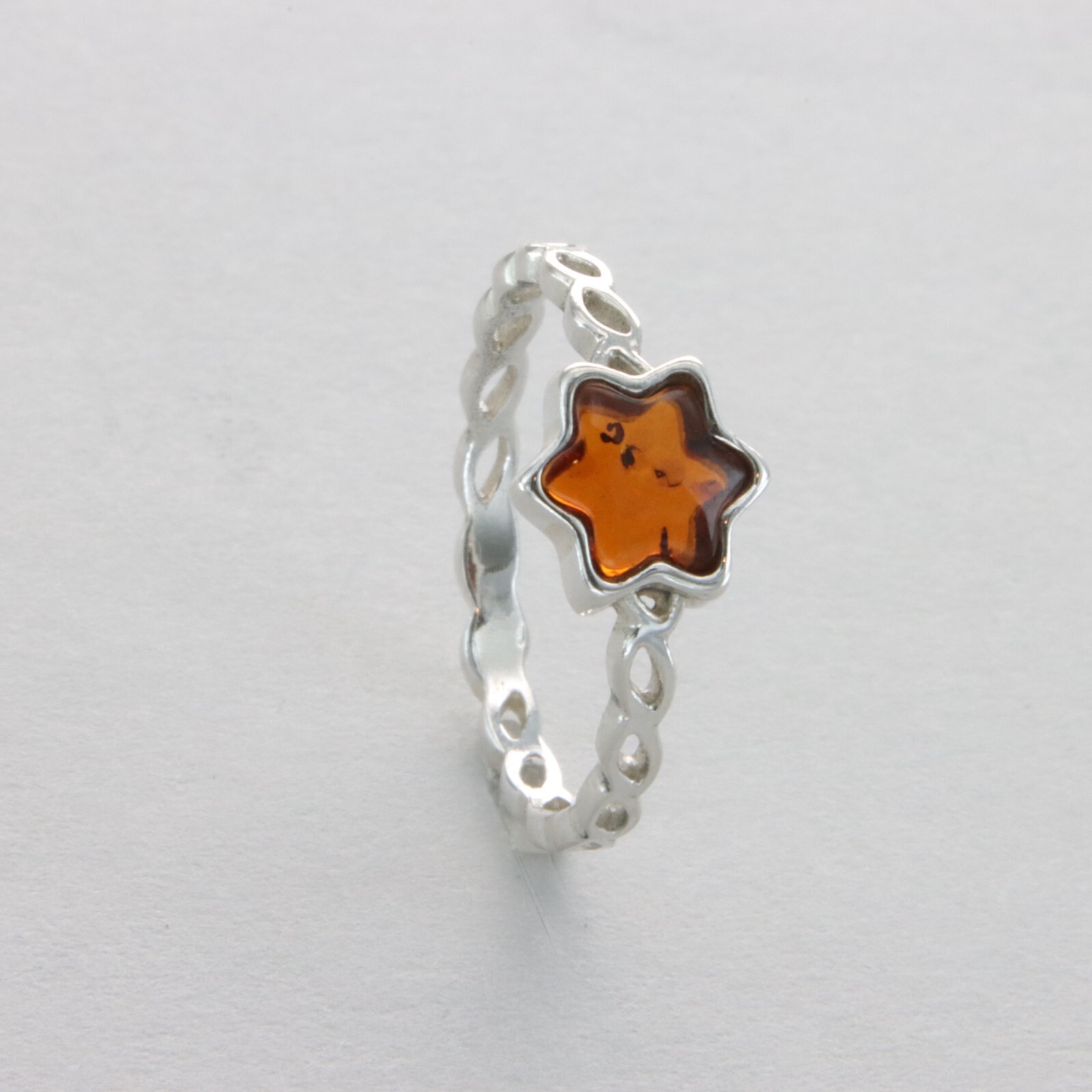 Cognac / Brown BALTIC AMBER Star Ring - 925 STERLING SILVER - Poland #75e