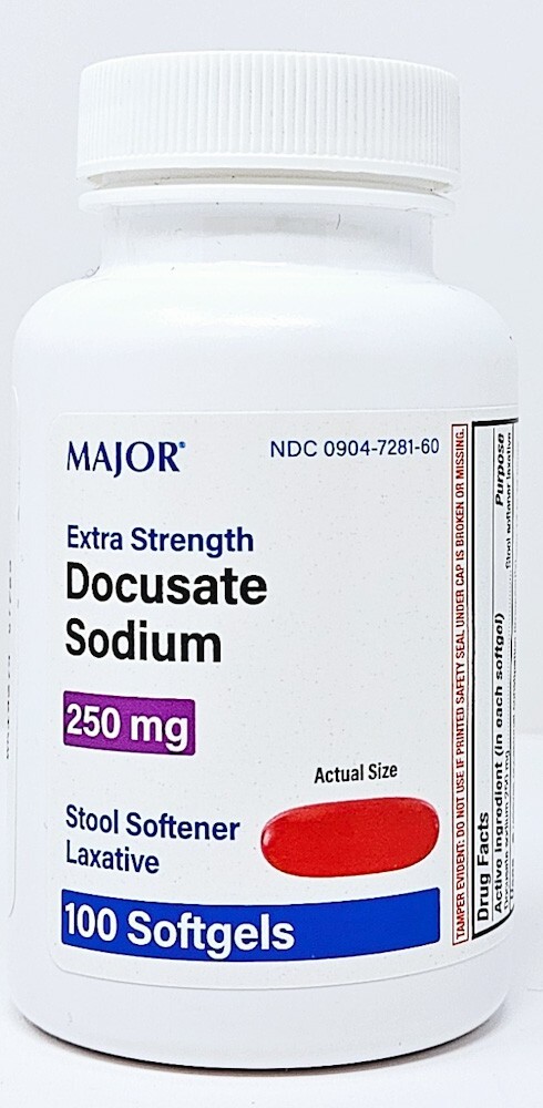 Major Docusate Sodium 250 mg - Softgels (Stool Softener) 100 ct-Exp Date 02-2028