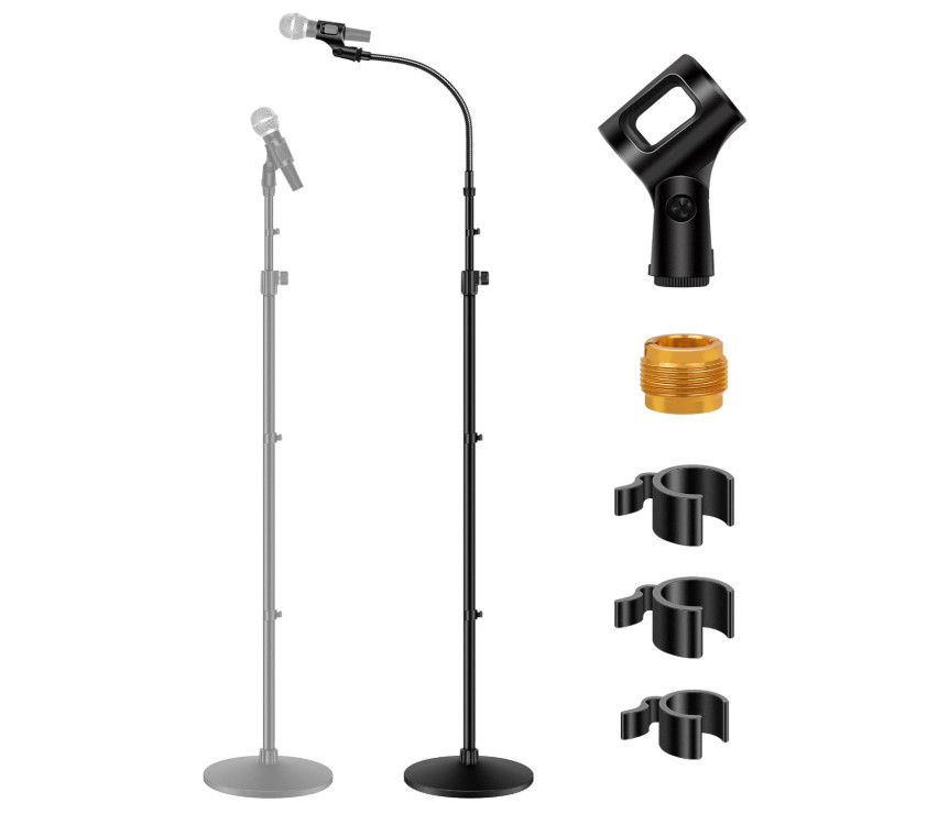 Soporte de micrófono ajustable con cuello flexible y base estable, 32”-70”, comp