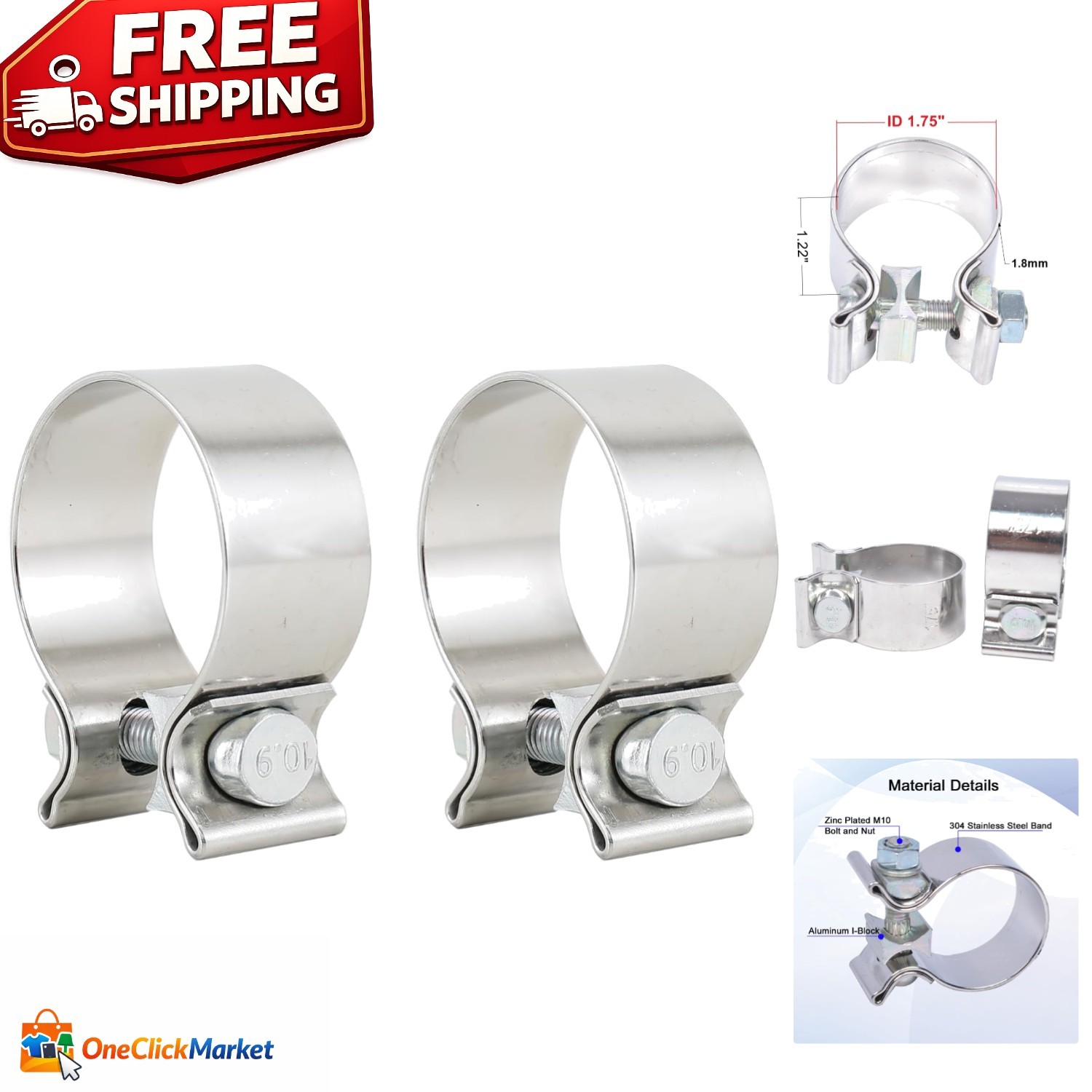 Exhaust Band Clamps - 1.75" Stainless Steel with Pre-attached Hardware (2 Pack)