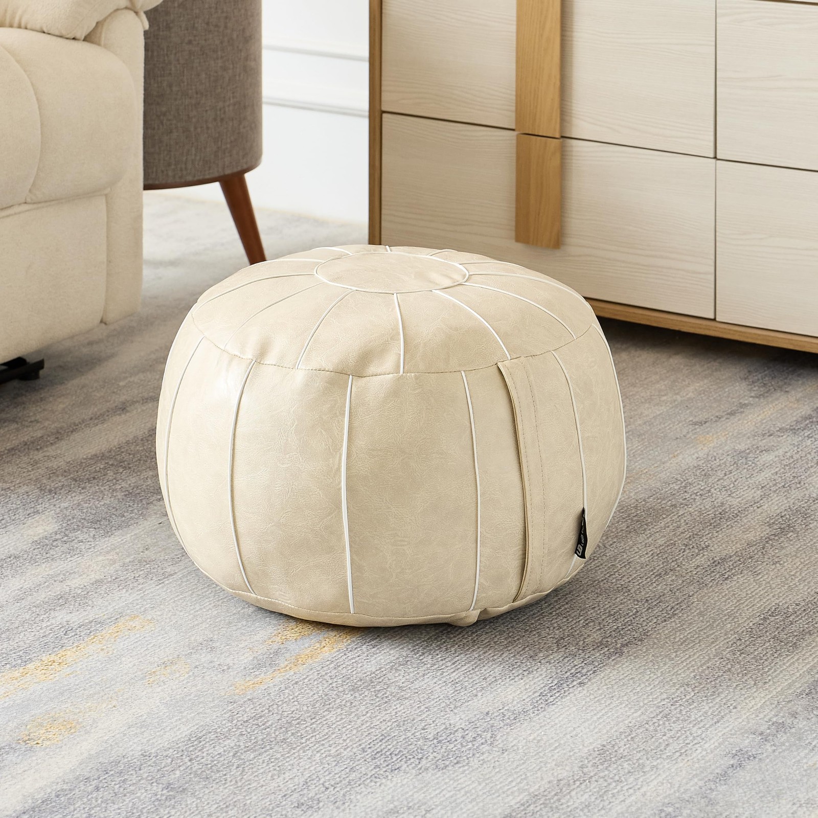 Unstuffed Pouf Ottoman Cover, 21Inch Moroccan Handmade Faux Leather Footstool...