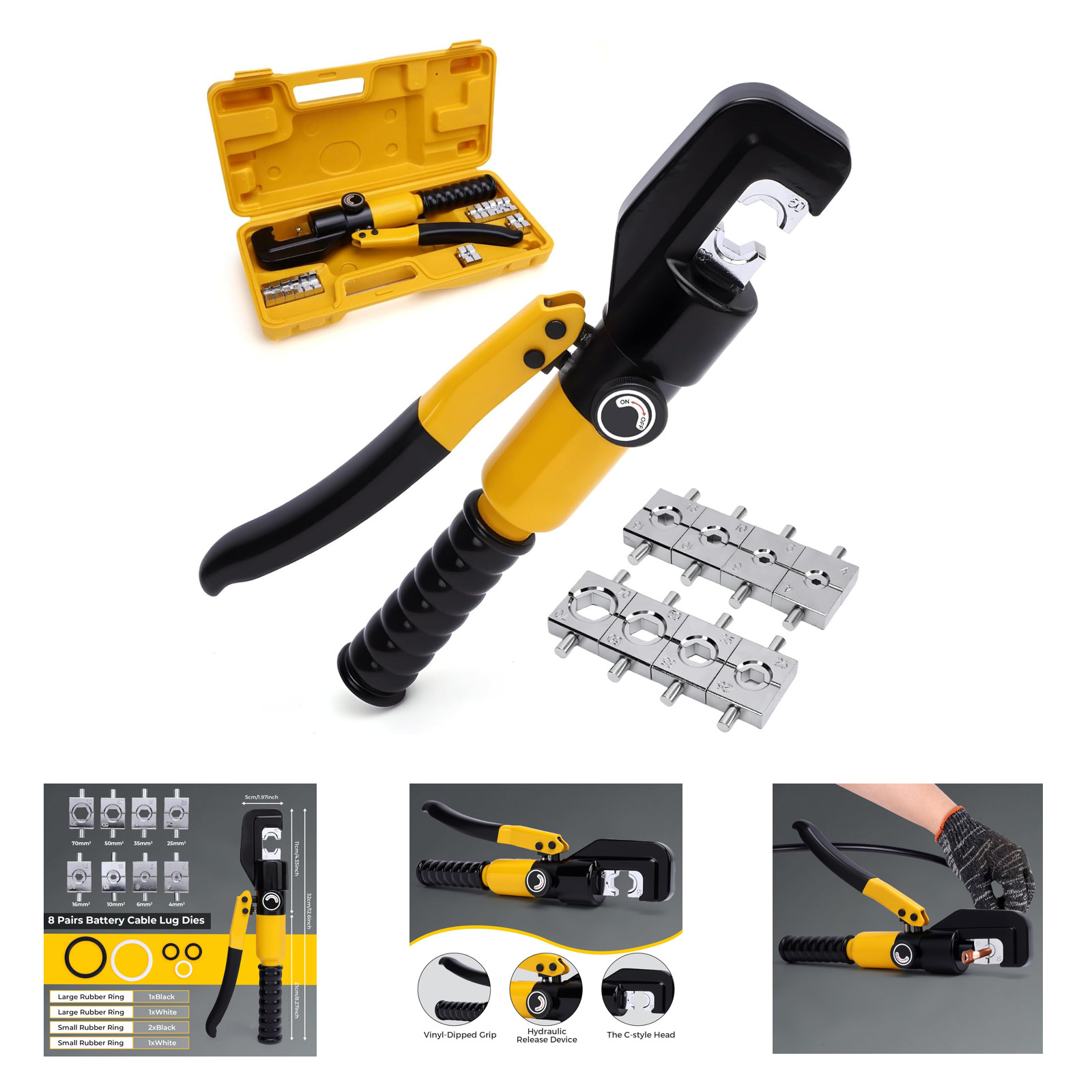 Hydraulic Crimping Tool with 8 Pairs Hex Dies 2/0 to 4 AWG Battery Cable Wire