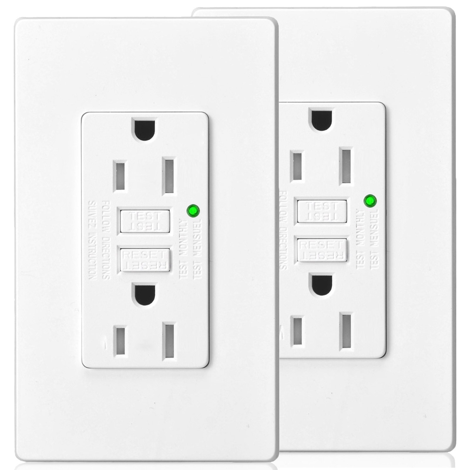 2PK Electrical Outlet GFCI 15Amp AC Ground Fault Receptacle WR TR w/ Cover White