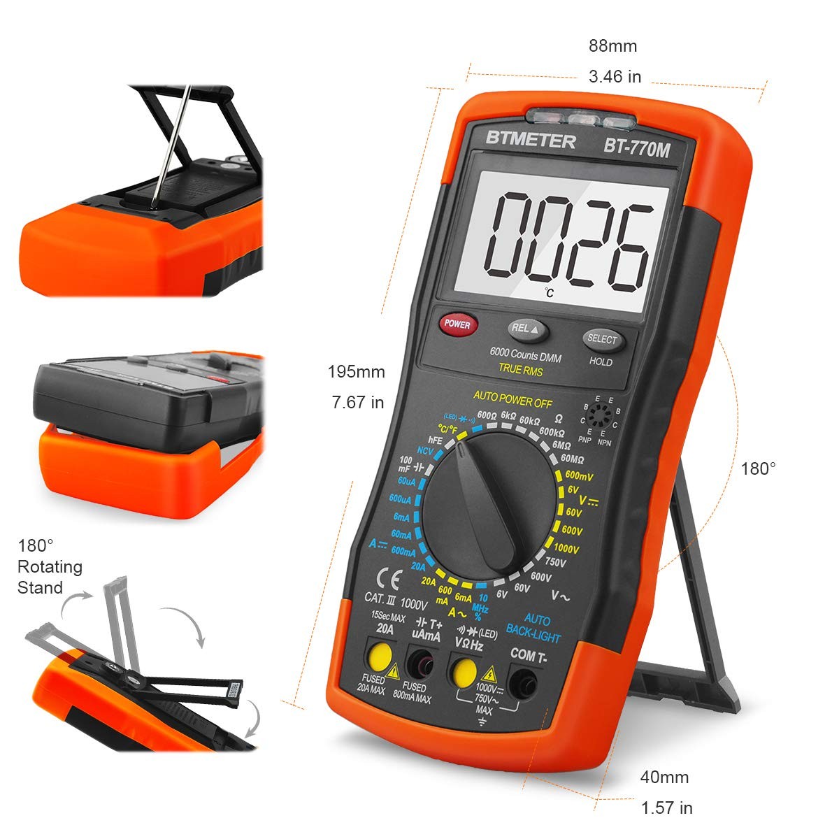 Digital Multimeter TRMS 6000 Count, Medium, AC/DC 20A & Mechanical Block 770M