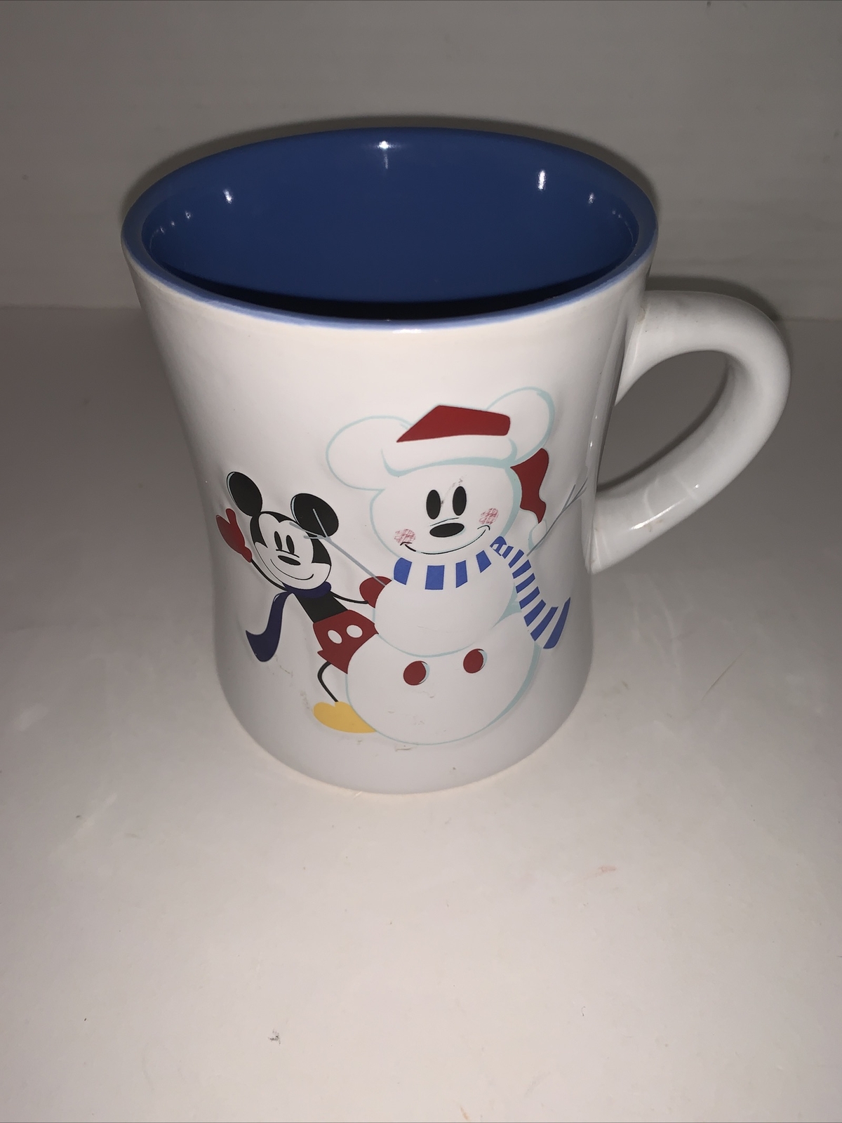 Mickey Mouse Snowman Ceramic Mug Disney Store With Handle 16 Oz Blue Inside