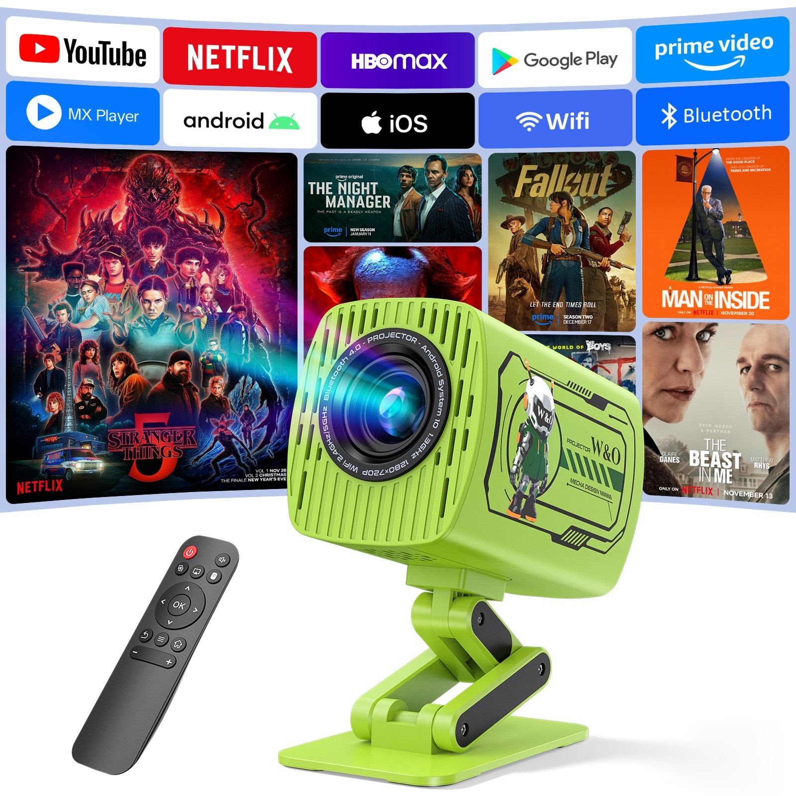 W&O Mini Projector WiFi Bluetooth 1080P, 180° Rotatable Auto Keystone Android 10