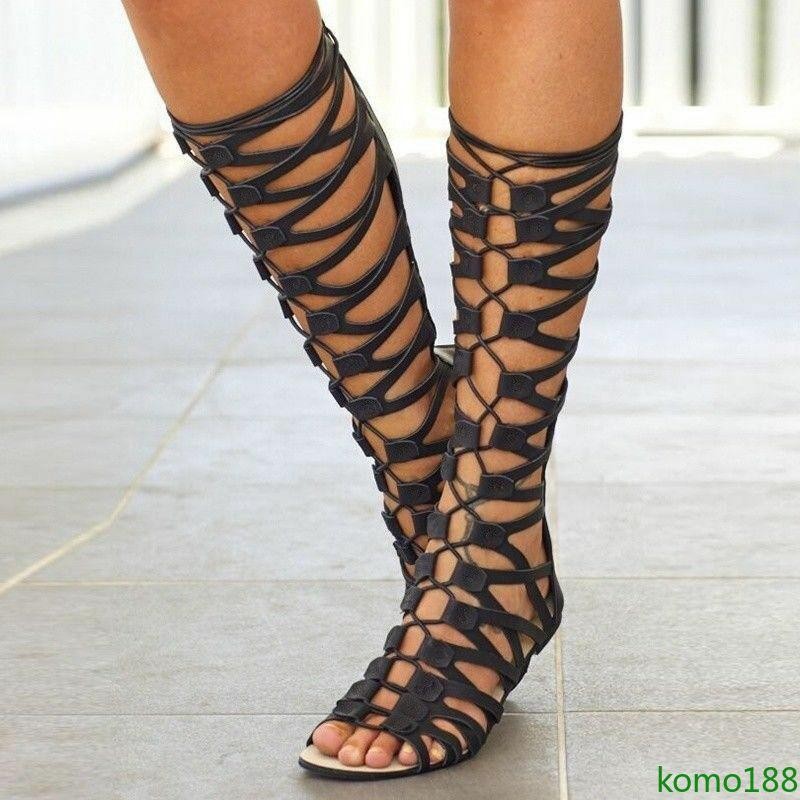 Women's Knee High boots Gladiator Sandals Strappy back zip Flat Shoes Lace Up