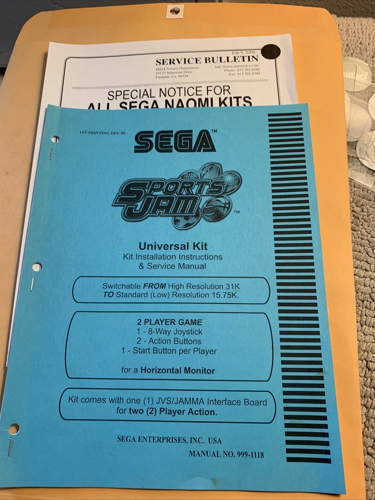 Sports jam Sega Naomi kit,,,arcade video game owners manual