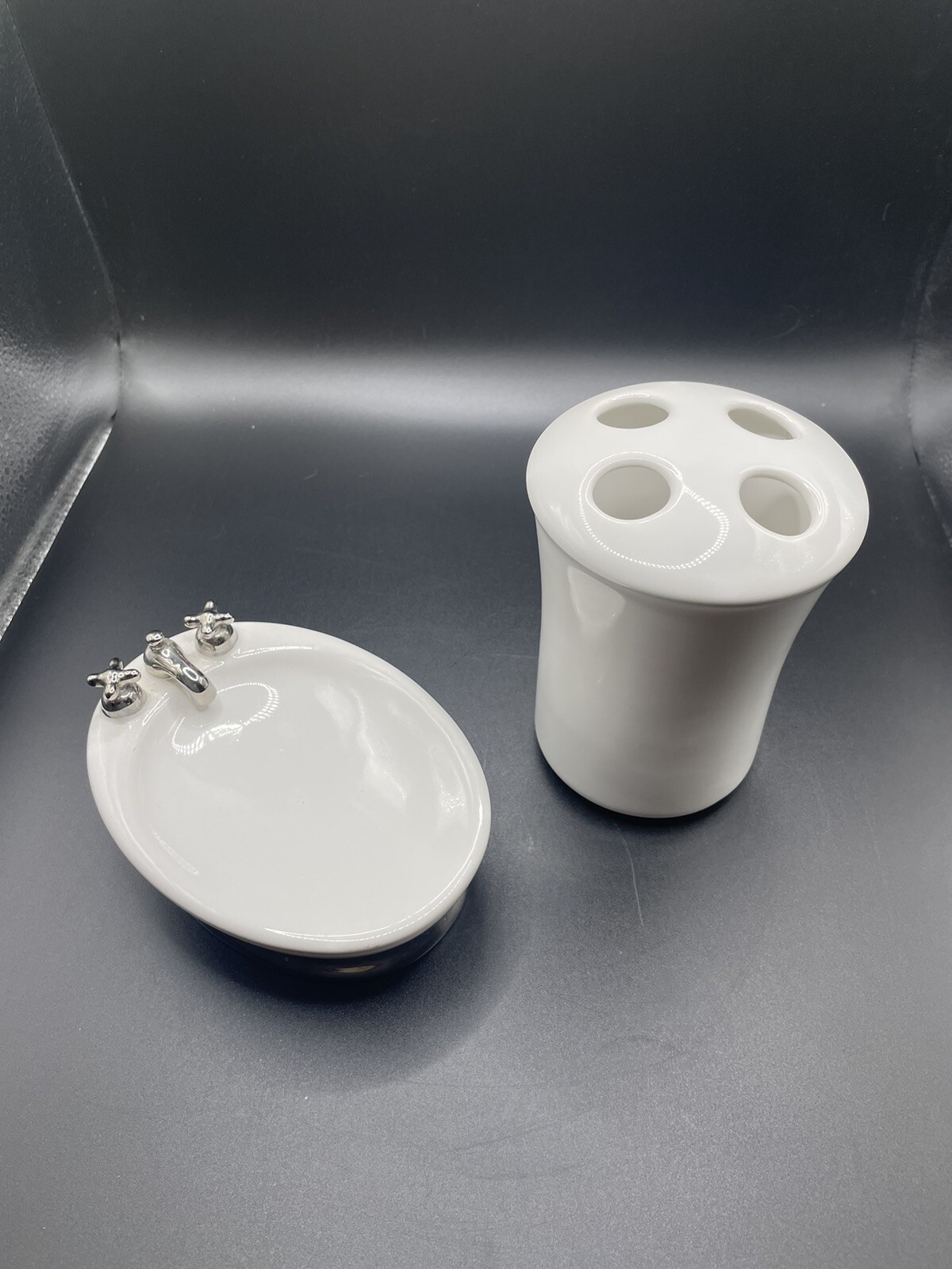 2 pc Set- Ceramic Toothbrush & Soap Dish/ White Bathroom Decor.