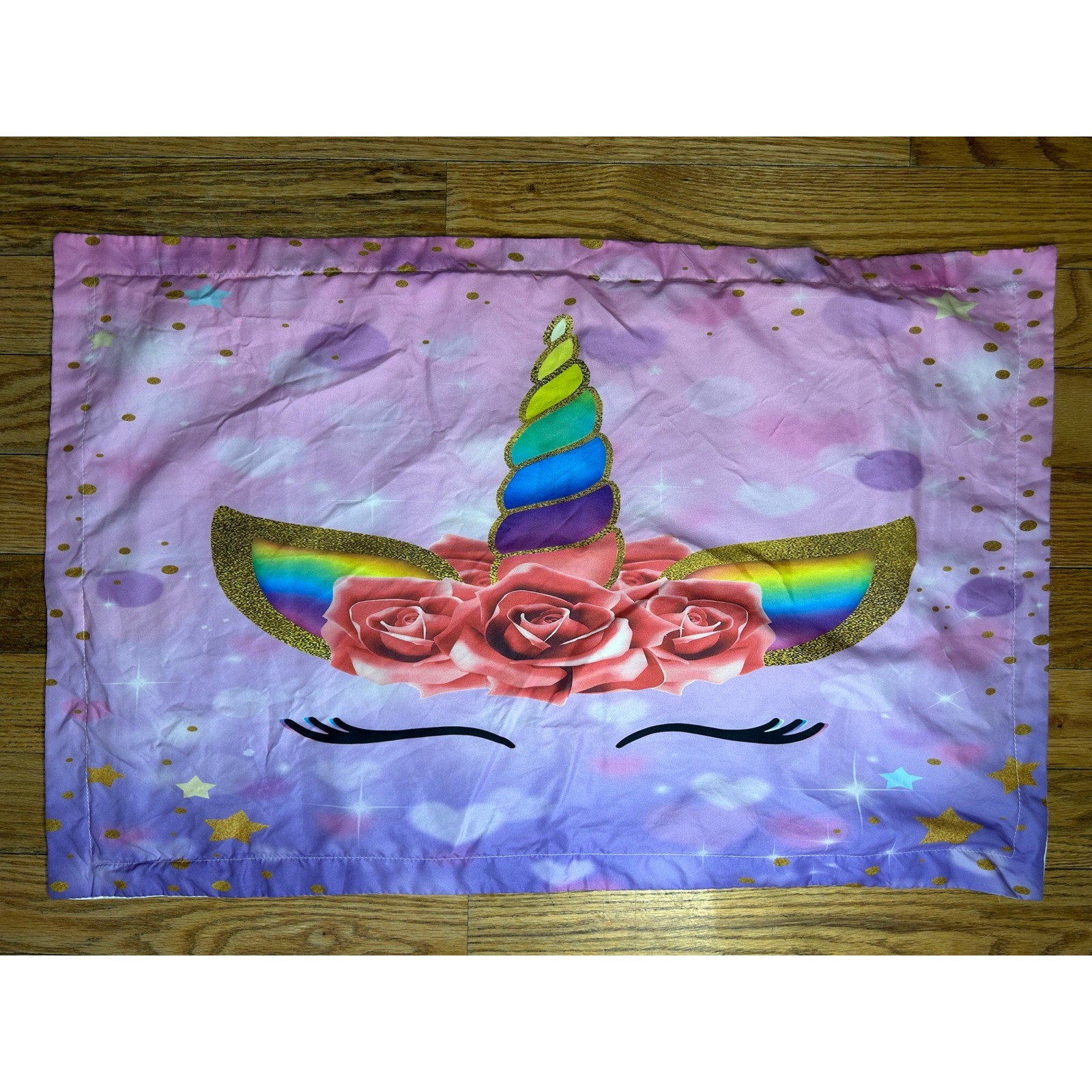 Kids Unicorn Pillowcase Rainbow Horn Roses Sparkle Stars Purple Pink Bedding