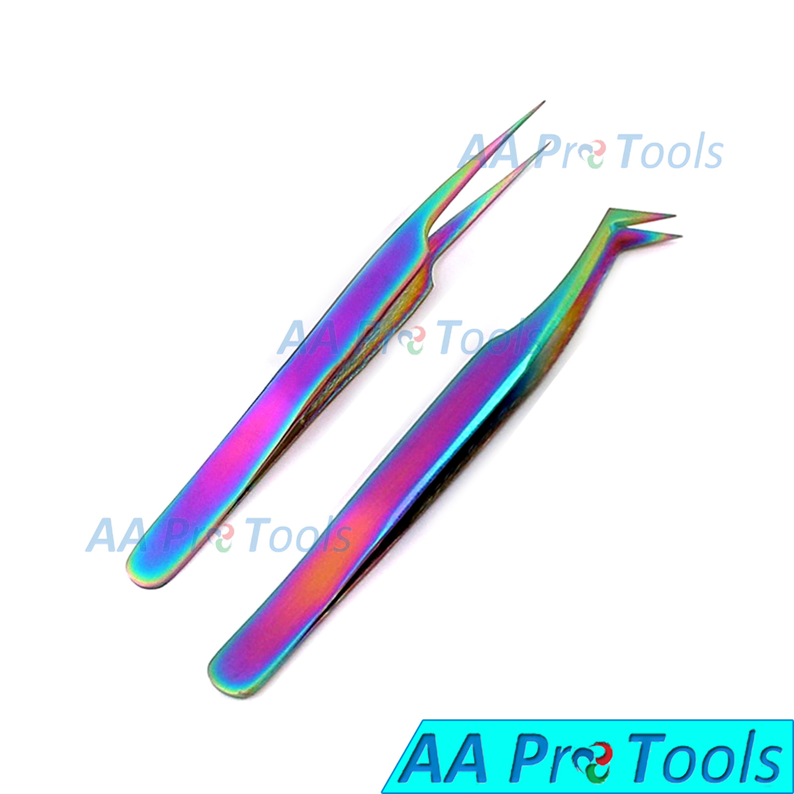 2 Pcs Multi Rainbow Color Eyelash Extension Tweezers Pro Straight+Semi Curved #6