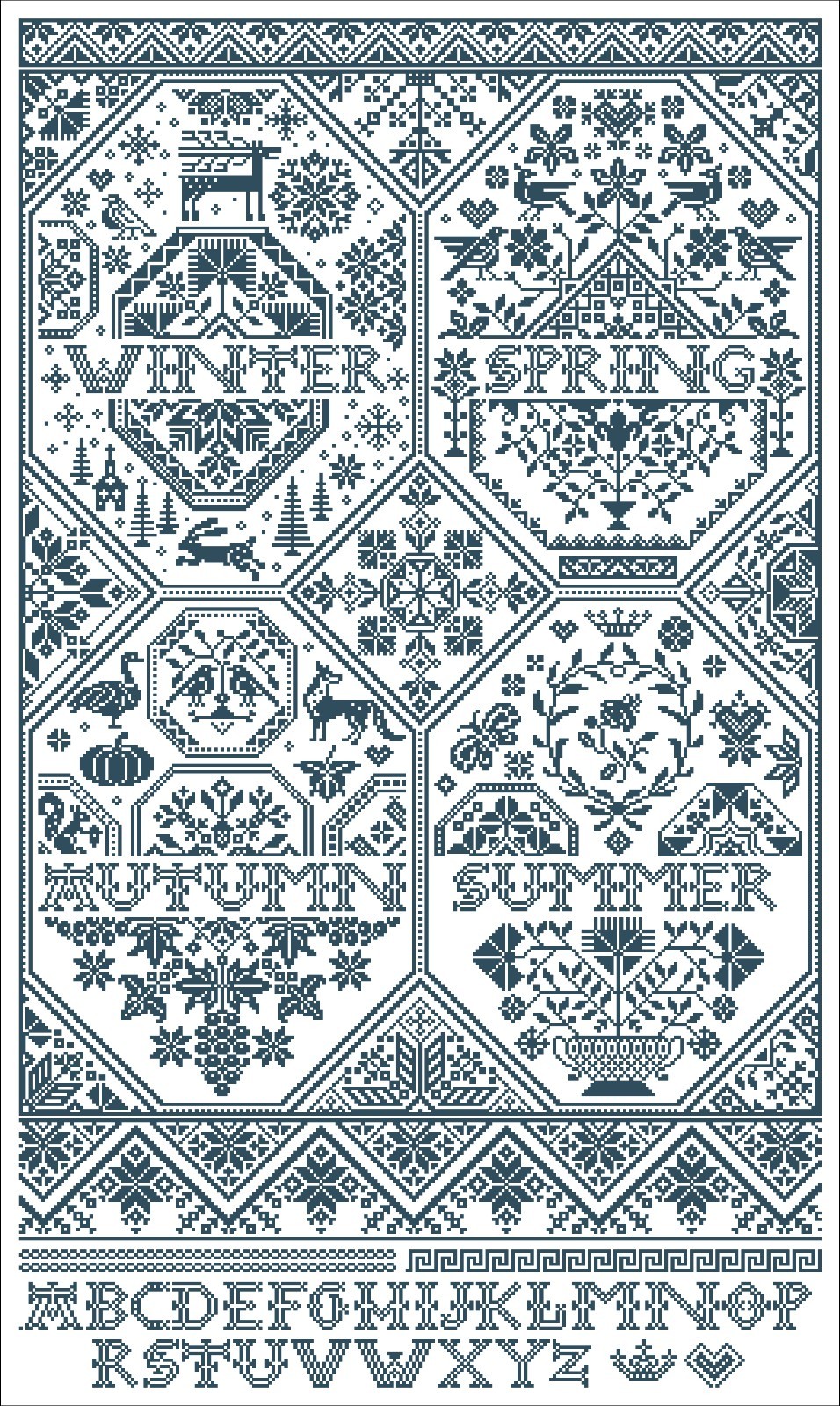 Four Seasons A Primitive Quaker Year Cross Stitch Pattern Large Monochrome DIY