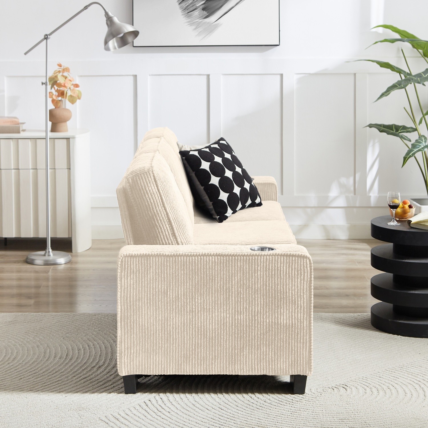 3 Seater Sofa Corduroy Upholstered Sofa Couch w/ 2 Cup Holders for Living Room